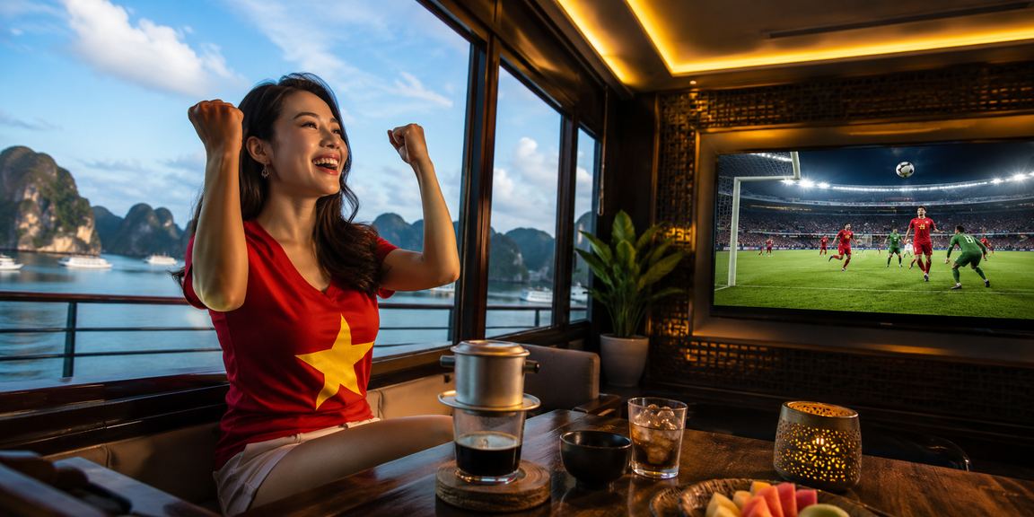 Người dùng theo dõi kèo cá cược và thưởng thức cà phê bên vịnh Hạ Long